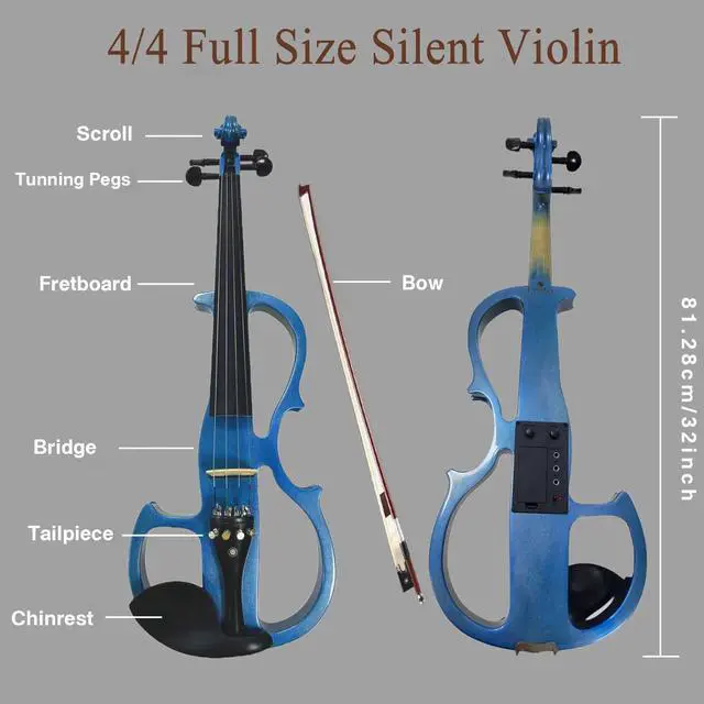 Alt view image 5 of 7 - Electric Violin, 4/4 Full Size Silent Violin Fiddle with Ebony Fittings, Metallic Varnish Violin Kit for Beginners Students (Metallic Blue)