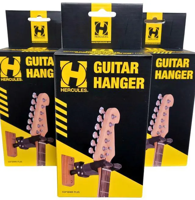 Alt view image 2 of 6 - 3 Pack Bundle GSP38WBPLUS Locking Guitar Hanger Wall Mount W/ Wood Base