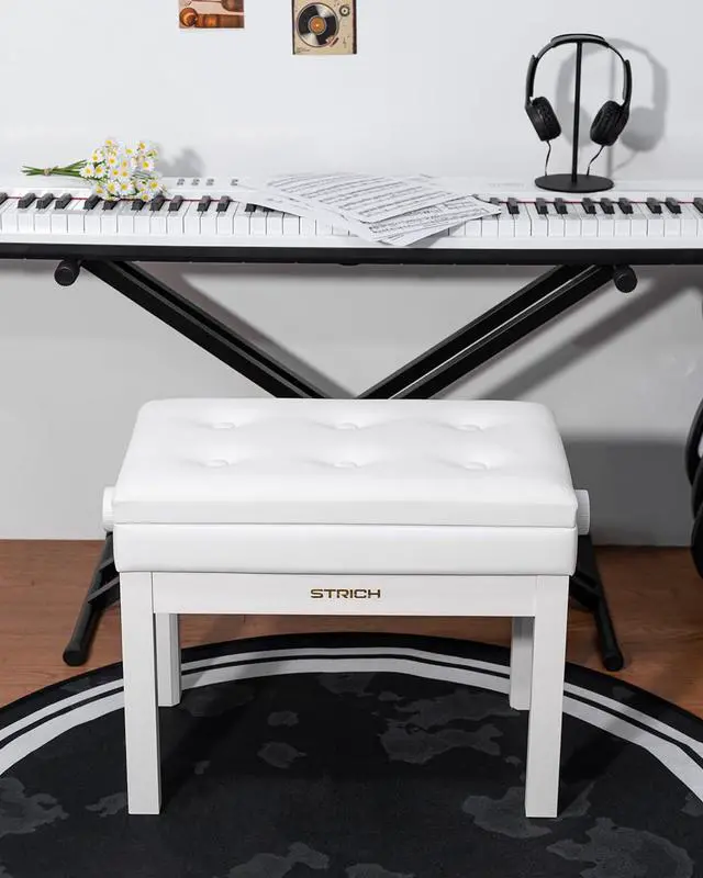 Alt view image 2 of 7 - Adjustable Piano Bench with Storage, Wooden Keyboard Bench with Bookcase Stool Chair Seat with High-Density Sponges Cushion for Piano Shop Music School Studio, White, SPB-20