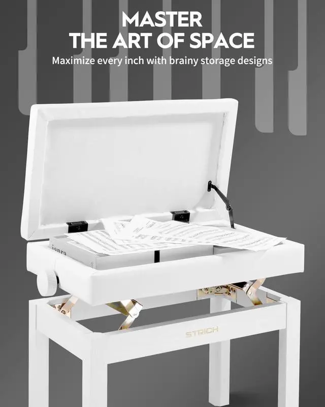 Alt view image 5 of 7 - Adjustable Piano Bench with Storage, Wooden Keyboard Bench with Bookcase Stool Chair Seat with High-Density Sponges Cushion for Piano Shop Music School Studio, White, SPB-20