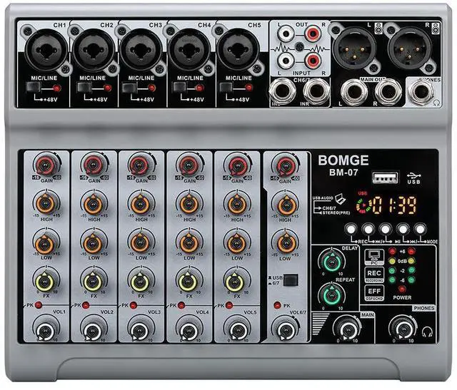 Main image of Audio Mixer, Sound Board Mixing Console with 7 Channel Digital USB Bluetooth Echo Delay Effect, 48V Phantom Power Stereo DJ Mixers for Recording, Live Streaming, Podcasting (BM-07)