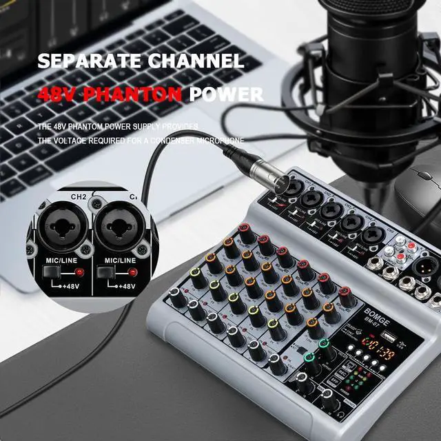 Alt view image 2 of 7 - Audio Mixer, Sound Board Mixing Console with 7 Channel Digital USB Bluetooth Echo Delay Effect, 48V Phantom Power Stereo DJ Mixers for Recording, Live Streaming, Podcasting (BM-07)