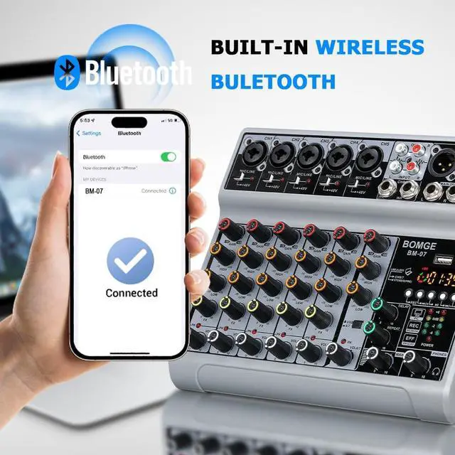 Alt view image 3 of 7 - Audio Mixer, Sound Board Mixing Console with 7 Channel Digital USB Bluetooth Echo Delay Effect, 48V Phantom Power Stereo DJ Mixers for Recording, Live Streaming, Podcasting (BM-07)