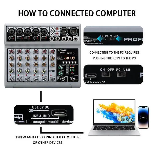 Alt view image 4 of 7 - Audio Mixer, Sound Board Mixing Console with 7 Channel Digital USB Bluetooth Echo Delay Effect, 48V Phantom Power Stereo DJ Mixers for Recording, Live Streaming, Podcasting (BM-07)