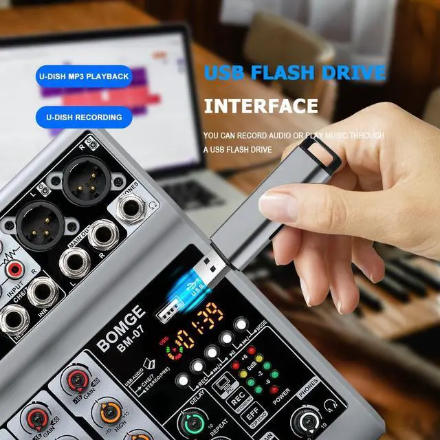 Alt view image 5 of 7 - Audio Mixer, Sound Board Mixing Console with 7 Channel Digital USB Bluetooth Echo Delay Effect, 48V Phantom Power Stereo DJ Mixers for Recording, Live Streaming, Podcasting (BM-07)