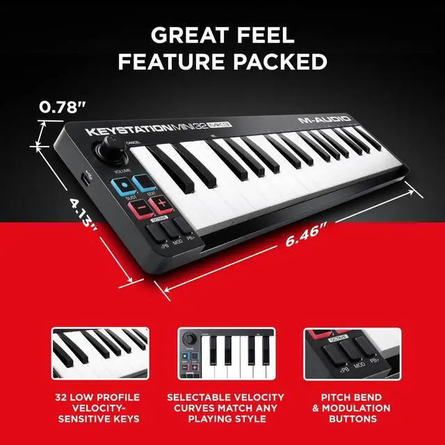 Alt view image 3 of 7 - Keystation Mini 32 MK3 USB MIDI Keyboard Controller with 32 Velocity Sensitive Mini Keys and Recording Software Included