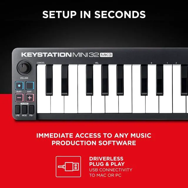 Alt view image 5 of 7 - Keystation Mini 32 MK3 USB MIDI Keyboard Controller with 32 Velocity Sensitive Mini Keys and Recording Software Included