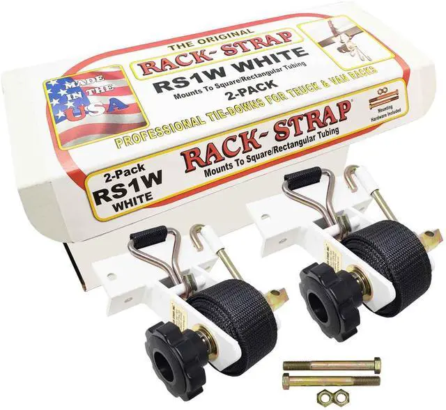 Main image of 2 Pack, The Original American Made Ladder Rack Tie-Downs, Right Angle Mounting Bracket, RS1W White Right Angle Mounting Bracket, Bolt Mounting Hardware Included, 8 Foot Black Strap