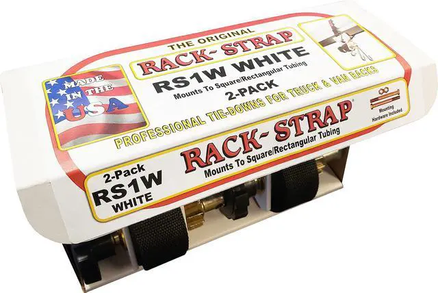 Alt view image 2 of 6 - 2 Pack, The Original American Made Ladder Rack Tie-Downs, Right Angle Mounting Bracket, RS1W White Right Angle Mounting Bracket, Bolt Mounting Hardware Included, 8 Foot Black Strap