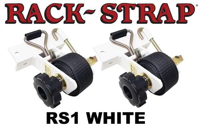 Alt view image 3 of 6 - 2 Pack, The Original American Made Ladder Rack Tie-Downs, Right Angle Mounting Bracket, RS1W White Right Angle Mounting Bracket, Bolt Mounting Hardware Included, 8 Foot Black Strap