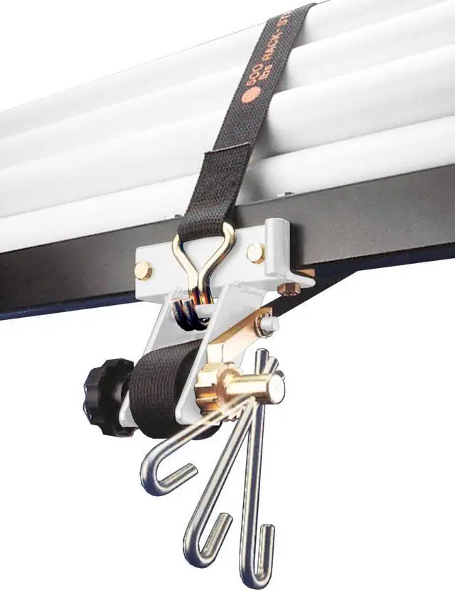 Alt view image 5 of 6 - 2 Pack, The Original American Made Ladder Rack Tie-Downs, Right Angle Mounting Bracket, RS1W White Right Angle Mounting Bracket, Bolt Mounting Hardware Included, 8 Foot Black Strap