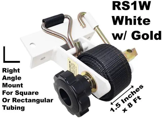 Alt view image 4 of 6 - 2 Pack, The Original American Made Ladder Rack Tie-Downs, Right Angle Mounting Bracket, RS1W White Right Angle Mounting Bracket, Bolt Mounting Hardware Included, 8 Foot Black Strap