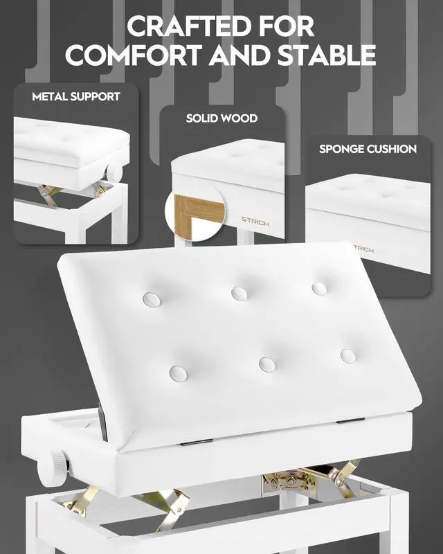 Alt view image 6 of 7 - Adjustable Piano Bench with Storage, Wooden Keyboard Bench with Bookcase Stool Chair Seat with High-Density Sponges Cushion for Piano Shop Music School Studio, White, SPB-20