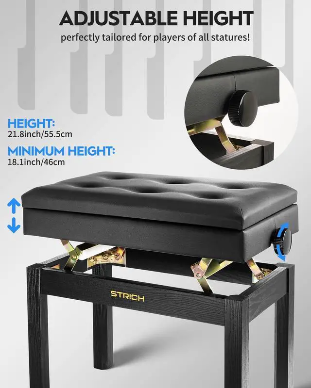 Alt view image 4 of 7 - Adjustable Piano Bench with Storage, Wooden Keyboard Bench with Bookcase Stool Chair Seat with High-Density Sponges Cushion for Piano Shop Music School Studio, Black, SPB-20