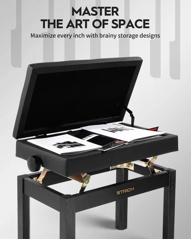 Alt view image 5 of 7 - Adjustable Piano Bench with Storage, Wooden Keyboard Bench with Bookcase Stool Chair Seat with High-Density Sponges Cushion for Piano Shop Music School Studio, Black, SPB-20