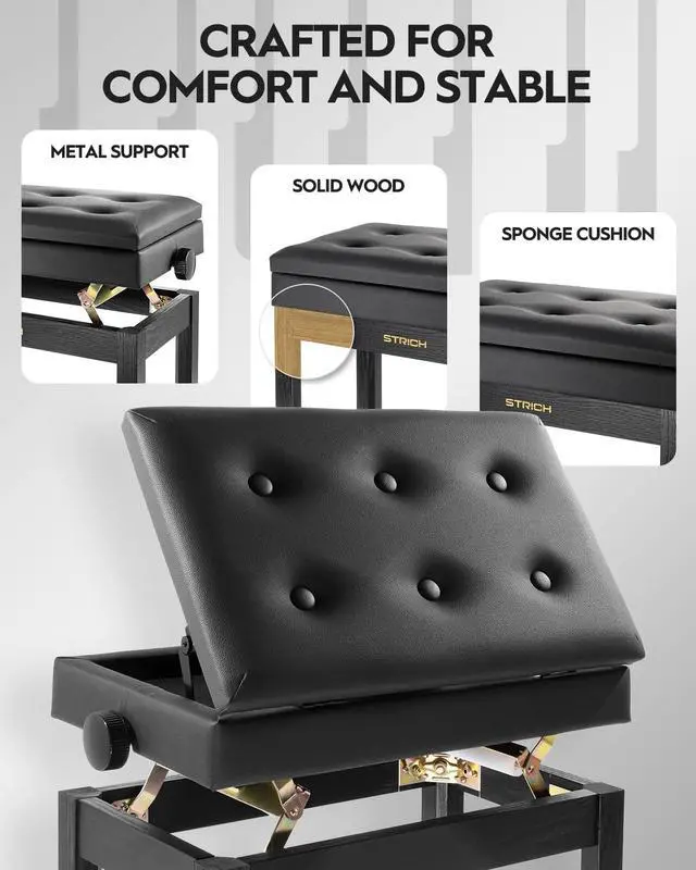 Alt view image 6 of 7 - Adjustable Piano Bench with Storage, Wooden Keyboard Bench with Bookcase Stool Chair Seat with High-Density Sponges Cushion for Piano Shop Music School Studio, Black, SPB-20