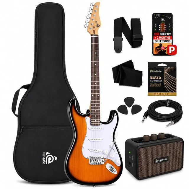 Main image of Electric Guitar and Amp Kit - Full Size 39" Complete Starter Kit with Wearable Bluetooth Amplifier, 1/4 Cable, Carry Case, Strap, Strings, Picks, Cleaning Cloth, ST-Style Pickups (Sun Burst)