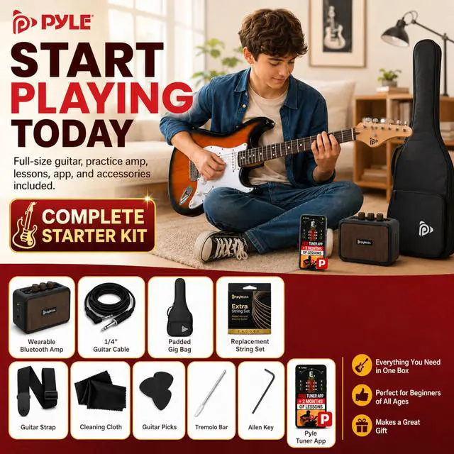 Alt view image 2 of 7 - Electric Guitar and Amp Kit - Full Size 39" Complete Starter Kit with Wearable Bluetooth Amplifier, 1/4 Cable, Carry Case, Strap, Strings, Picks, Cleaning Cloth, ST-Style Pickups (Sun Burst)