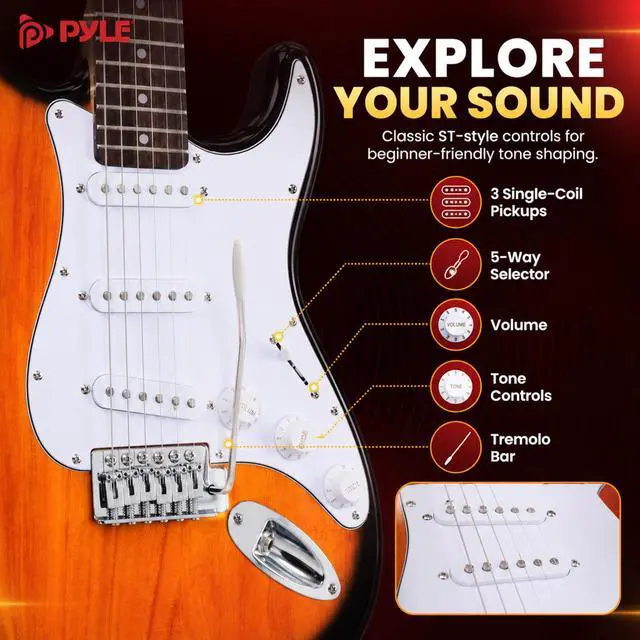 Alt view image 5 of 7 - Electric Guitar and Amp Kit - Full Size 39" Complete Starter Kit with Wearable Bluetooth Amplifier, 1/4 Cable, Carry Case, Strap, Strings, Picks, Cleaning Cloth, ST-Style Pickups (Sun Burst)