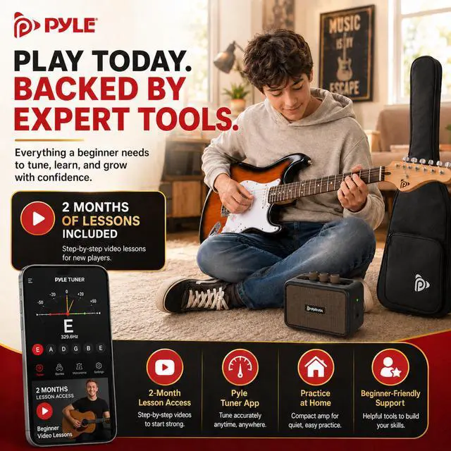 Alt view image 7 of 7 - Electric Guitar and Amp Kit - Full Size 39" Complete Starter Kit with Wearable Bluetooth Amplifier, 1/4 Cable, Carry Case, Strap, Strings, Picks, Cleaning Cloth, ST-Style Pickups (Sun Burst)