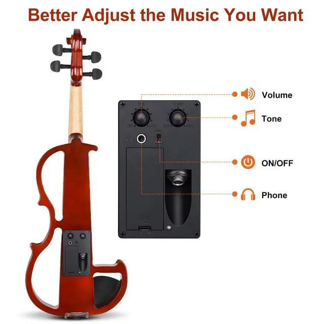 Alt view image 4 of 7 - Electric Violin 4/4 Full Size Silent Violin Set for Beginner Adults Teens, Solid Maple Wood Metallic Electronic Quite Violin with Ebony Fittings, Red Color