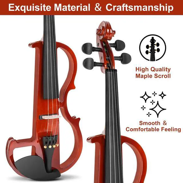 Alt view image 5 of 7 - Electric Violin 4/4 Full Size Silent Violin Set for Beginner Adults Teens, Solid Maple Wood Metallic Electronic Quite Violin with Ebony Fittings, Red Color