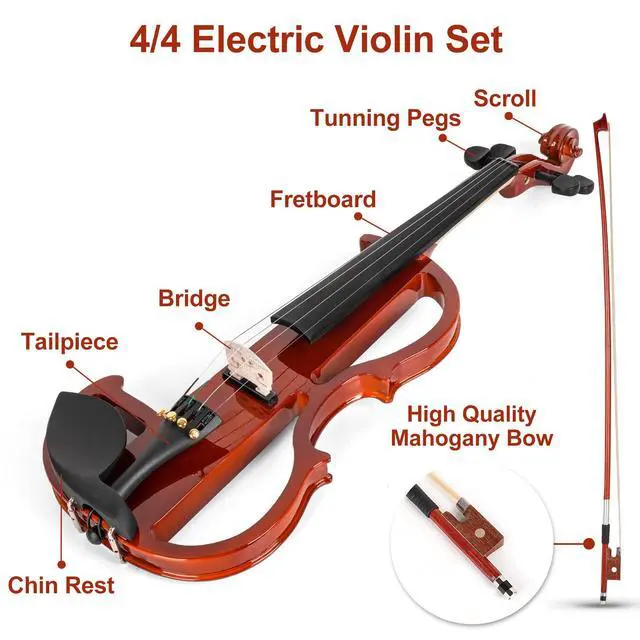Alt view image 6 of 7 - Electric Violin 4/4 Full Size Silent Violin Set for Beginner Adults Teens, Solid Maple Wood Metallic Electronic Quite Violin with Ebony Fittings, Red Color