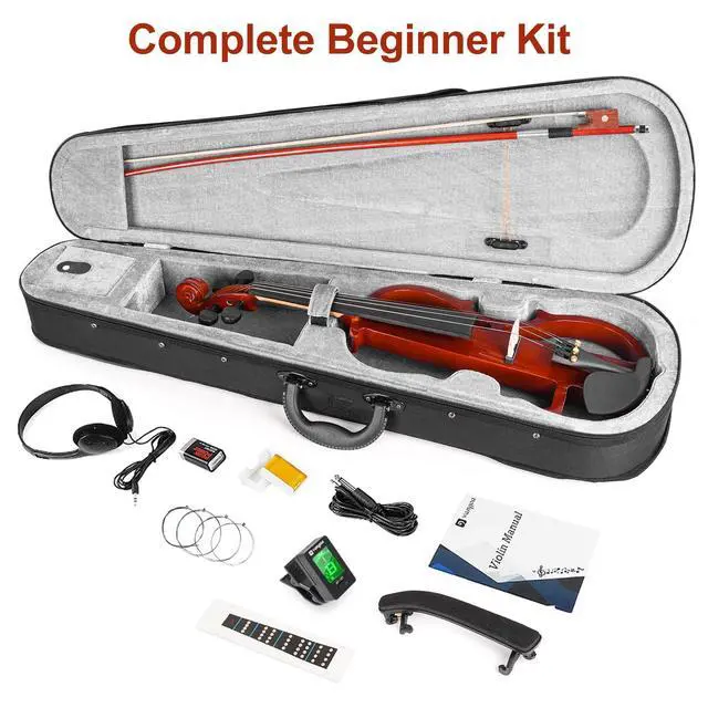 Alt view image 7 of 7 - Electric Violin 4/4 Full Size Silent Violin Set for Beginner Adults Teens, Solid Maple Wood Metallic Electronic Quite Violin with Ebony Fittings, Red Color