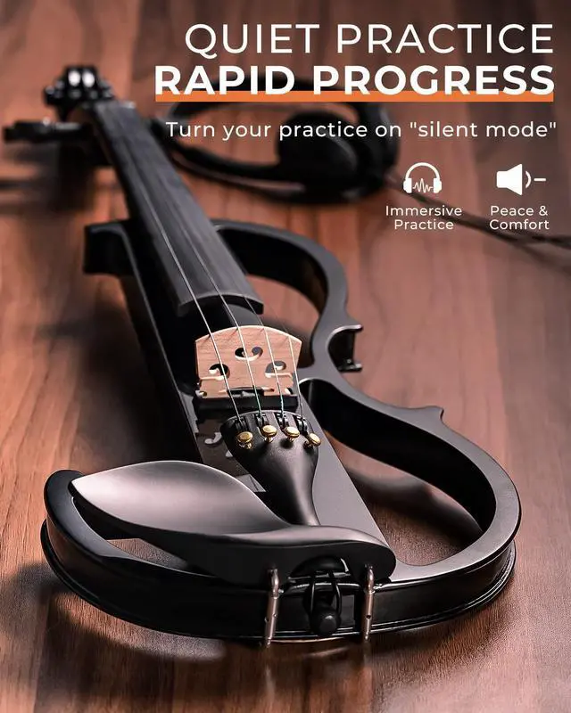 Alt view image 2 of 7 - Electric Violin Full Size 4/4, Black Silent Electric Violin, Solid Wood Metallic Electric Fiddle with Ebony Fittings, Beginner Kit for Adults Teens