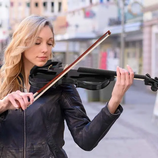Alt view image 3 of 7 - Electric Violin Full Size 4/4, Black Silent Electric Violin, Solid Wood Metallic Electric Fiddle with Ebony Fittings, Beginner Kit for Adults Teens