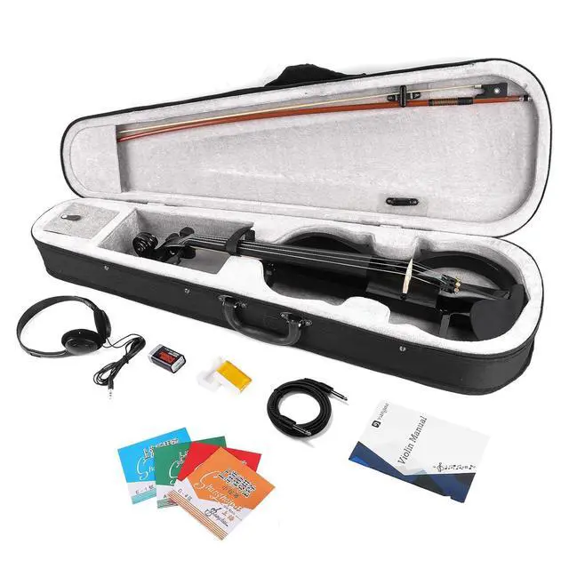Alt view image 4 of 7 - Electric Violin Full Size 4/4, Black Silent Electric Violin, Solid Wood Metallic Electric Fiddle with Ebony Fittings, Beginner Kit for Adults Teens