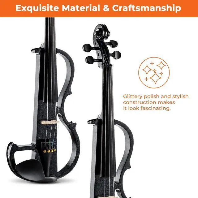 Alt view image 5 of 7 - Electric Violin Full Size 4/4, Black Silent Electric Violin, Solid Wood Metallic Electric Fiddle with Ebony Fittings, Beginner Kit for Adults Teens