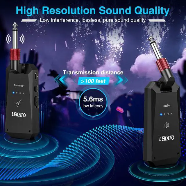 Alt view image 2 of 7 - 5.8G Wireless Guitar System Upgraded Rechargeable Wireless Guitar Transmitter Receiver, Super Long 8 Hours Battery Life, 4 Channels Guitar Wireless System for Electric Guitar Bass(WS-90)