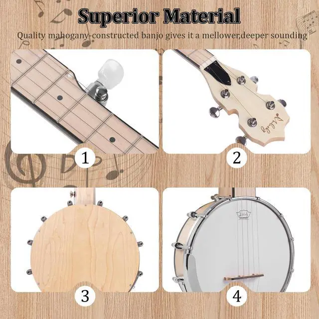 Alt view image 4 of 6 - 5 String Mini Travel Banjo B805, 26 Inch Closed Back Maple Kit | 26" Travel Banjo: Compact 5-string banjo with a maple body and solid closed back. Includes a gig bag, tuner, and strap