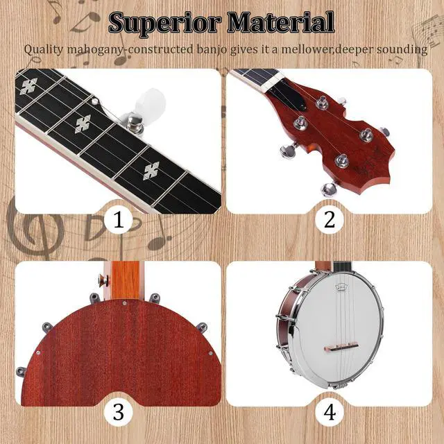 Alt view image 4 of 6 - 5 String Mini Travel Banjo B807, 26 Inch Closed Back Sapele Kit | 26" Travel Banjo: Compact 5-string banjo with a sapele body and solid closed back. Includes a gig bag, strap, and picks