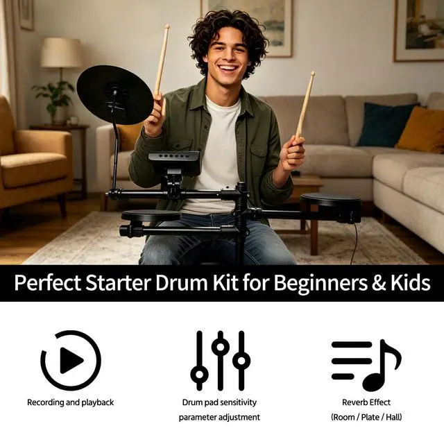 Alt view image 2 of 7 - Electronic Drum Set for Kids Beginners, Quiet Compact Electric Drum Kit Home Practicewith with 7 Kits, 56 Sounds, Recording & MetronomeHeadphones, Drum Throne & Drumsticks, USB MIDI (UED-60)