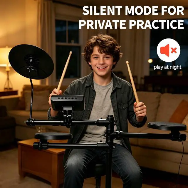 Alt view image 6 of 7 - Electronic Drum Set for Kids Beginners, Quiet Compact Electric Drum Kit Home Practicewith with 7 Kits, 56 Sounds, Recording & MetronomeHeadphones, Drum Throne & Drumsticks, USB MIDI (UED-60)