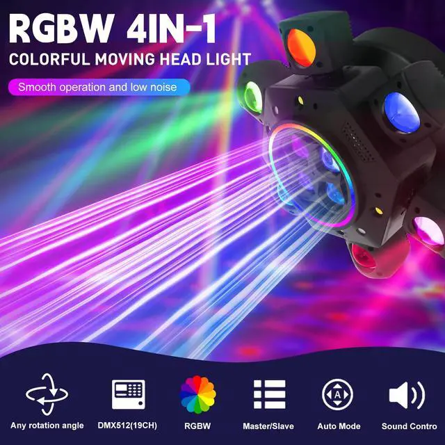 Alt view image 2 of 7 - Moving Head DJ Lights 150W RGBW 4-in-1 LED 6 Arm Disco Stage Light | Mixed Lighting Effects, DMX-512 & Sound Activated & Remote Control, Party Lights for Bar, Wedding, Disco, Club, Events
