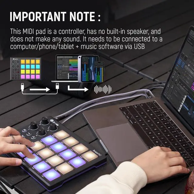 Alt view image 2 of 7 - MIDI Pad Controller for Music Producers Musicians with 16 RGB Pads | 16 velocity-sensitive RGB pads, with a carrying case, suitable for beat creation, studio recording, & live stage performance