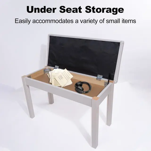 Alt view image 4 of 6 - Duet Piano Bench with Padded Cushion and Storage - Solid Wood Keyboard Bench Bookcase Stool Chair Seat Vanity Stool Tufted Wooden Piano Seat, Comfortable Sponges Pad,White