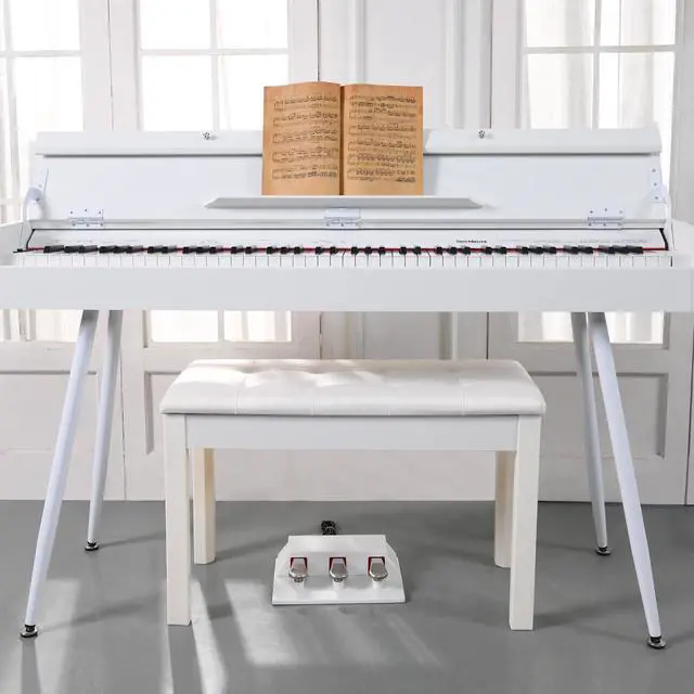 Alt view image 2 of 6 - Duet Piano Bench with Padded Cushion and Storage - Solid Wood Keyboard Bench Bookcase Stool Chair Seat Vanity Stool Tufted Wooden Piano Seat, Comfortable Sponges Pad,White