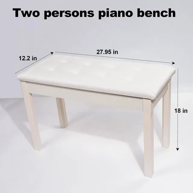 Alt view image 3 of 6 - Duet Piano Bench with Padded Cushion and Storage - Solid Wood Keyboard Bench Bookcase Stool Chair Seat Vanity Stool Tufted Wooden Piano Seat, Comfortable Sponges Pad,White