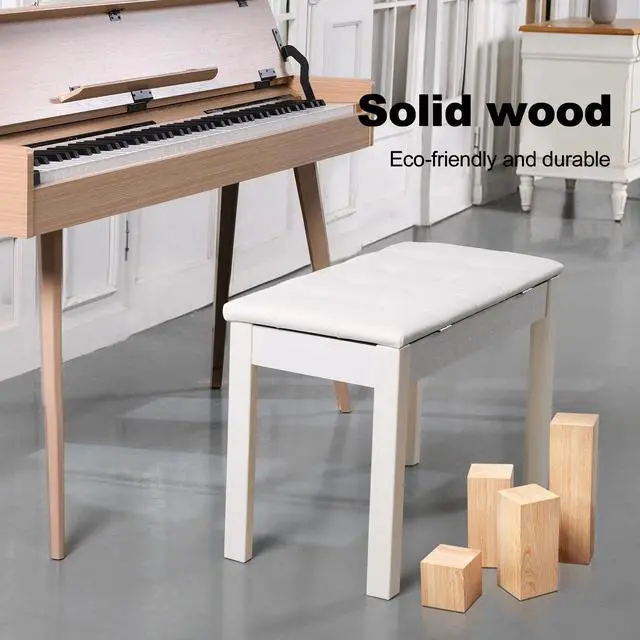 Alt view image 5 of 6 - Duet Piano Bench with Padded Cushion and Storage - Solid Wood Keyboard Bench Bookcase Stool Chair Seat Vanity Stool Tufted Wooden Piano Seat, Comfortable Sponges Pad,White