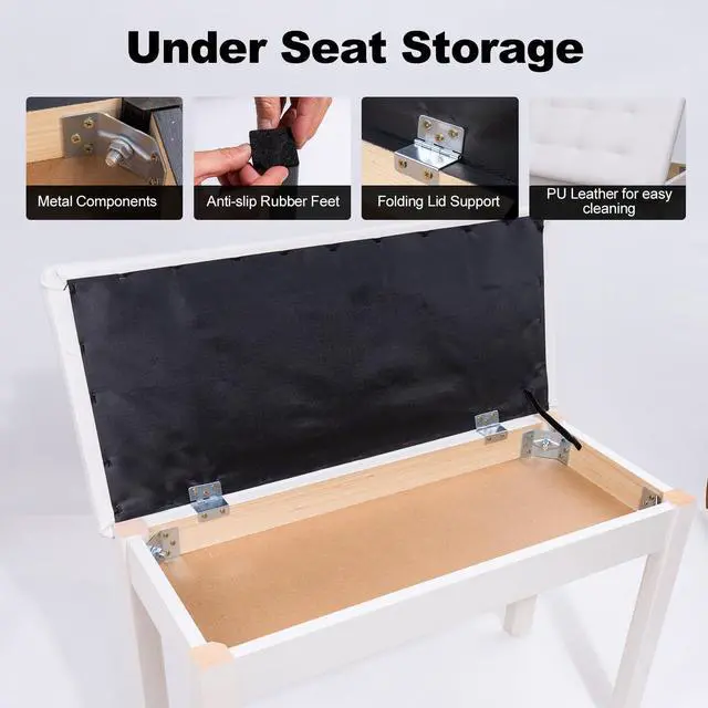 Alt view image 6 of 6 - Duet Piano Bench with Padded Cushion and Storage - Solid Wood Keyboard Bench Bookcase Stool Chair Seat Vanity Stool Tufted Wooden Piano Seat, Comfortable Sponges Pad,White