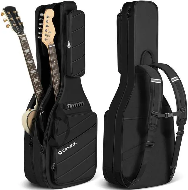 Main image of Dual Electric Guitar Gig Bag Padded Soft Guitar Case Backpack Black | Padded double case holds 2 guitars, fits ST, TELE & LP electric guitars. Adjustable shoulder backpack straps CY0378