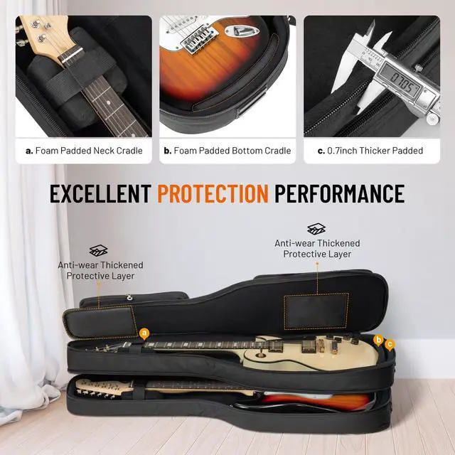 Alt view image 3 of 7 - Dual Electric Guitar Gig Bag Padded Soft Guitar Case Backpack Black | Padded double case holds 2 guitars, fits ST, TELE & LP electric guitars. Adjustable shoulder backpack straps CY0378