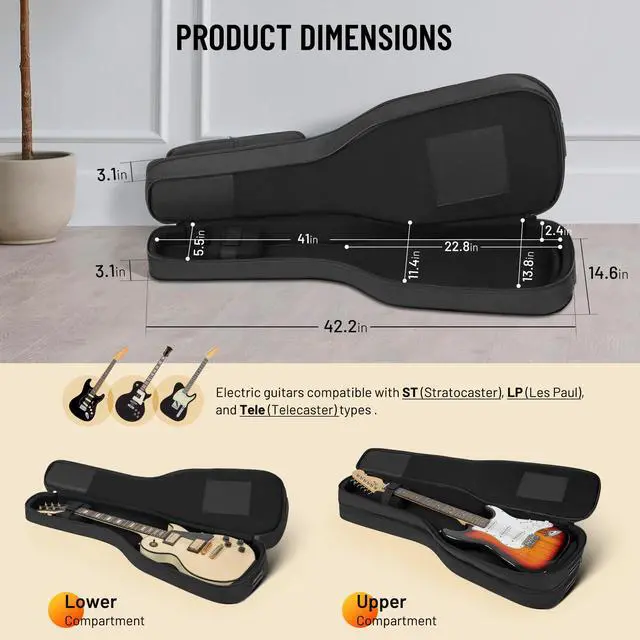 Alt view image 5 of 7 - Dual Electric Guitar Gig Bag Padded Soft Guitar Case Backpack Black | Padded double case holds 2 guitars, fits ST, TELE & LP electric guitars. Adjustable shoulder backpack straps CY0378