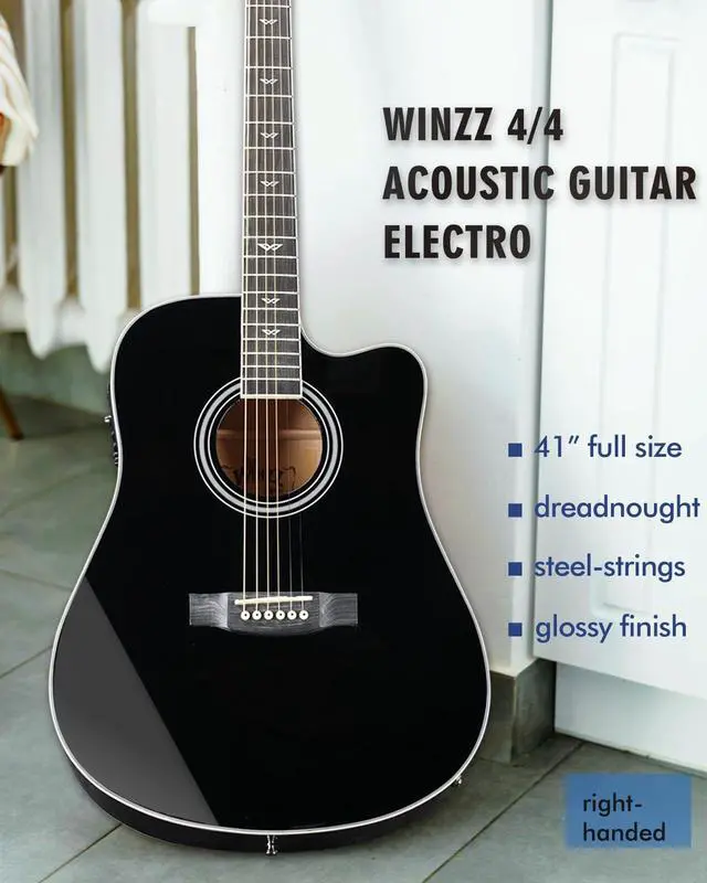 Alt view image 2 of 6 - Acoustic-Electric Guitar 4/4 Full Size for Adults Beginners and Teens, 6 Steel-String Acustica Guitarra Starter Kit, 4-Band Equaliser, 41" Dreadnought Cutaway, Glossy Black, Right Hand