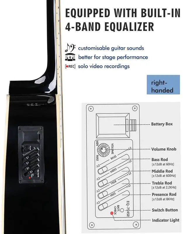 Alt view image 5 of 6 - Acoustic-Electric Guitar 4/4 Full Size for Adults Beginners and Teens, 6 Steel-String Acustica Guitarra Starter Kit, 4-Band Equaliser, 41" Dreadnought Cutaway, Glossy Black, Right Hand
