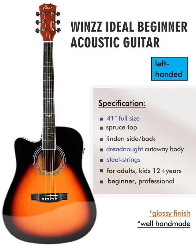 Alt view image 3 of 7 - 4/4 Electro Acoustic Guitar, Left-Handed Western Guitar Set, Adult Beginners, Acoustic Guitar 41 Inch with 4-Band Equaliser (Dreadnought,Glossy Sunburst)